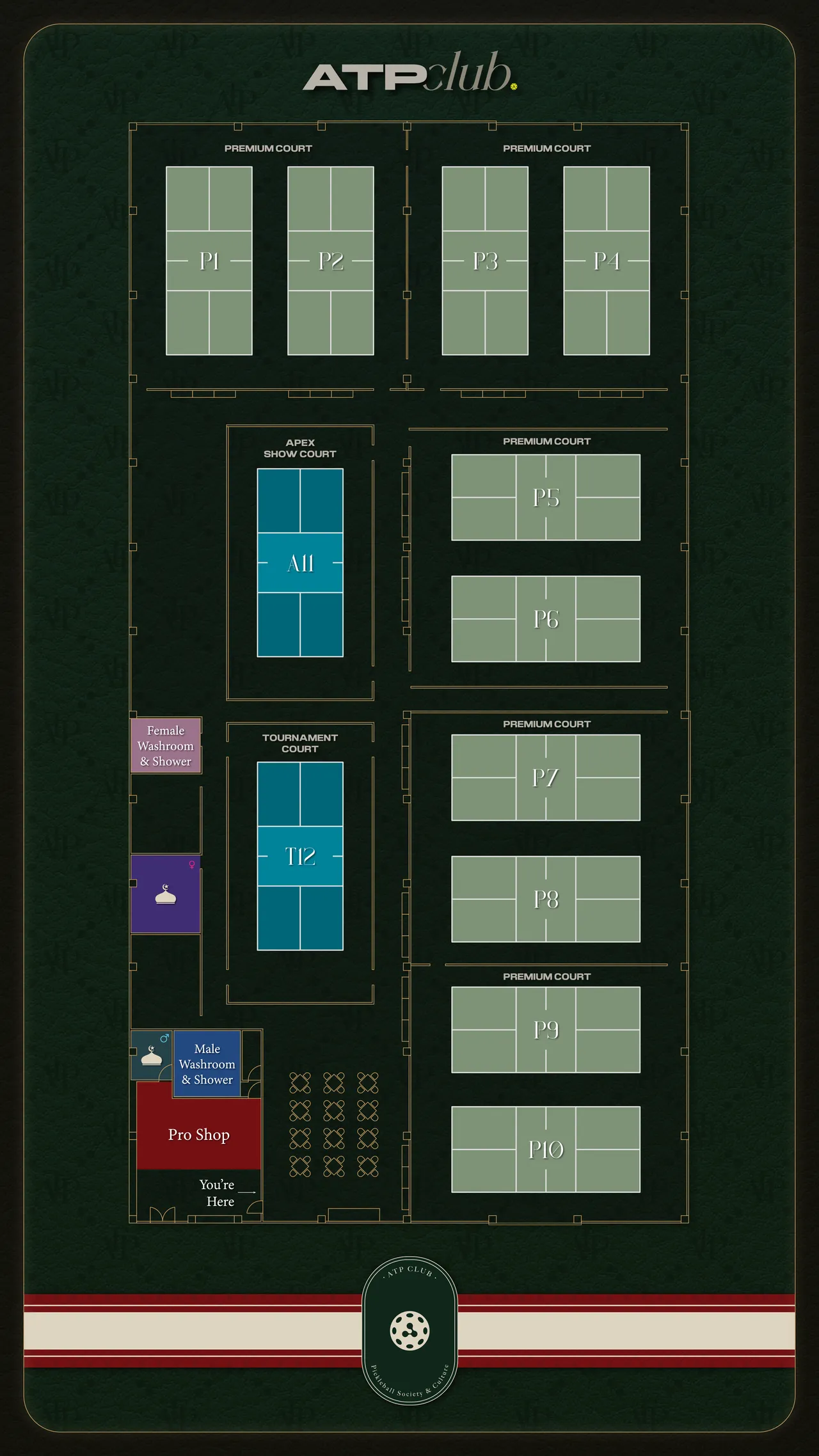ATP Club floor plan: premium courts P1 to P10, tournament court T12 and the Apex show court A11